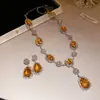 Castelo Crepúsculo~Colar e Brincos de Gota Cravejados de Diamantes, Corrente de Clavícula Luxuosa e Sofisticada, Conjunto de Joias para Vestido de Festa para Mulheres