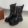 Botas Chelsea Plataforma Chunky Heel Retrô Marrom para Mulheres, Novo Modelo 2026, Estilo Britânico Primavera e Outono, Botas de Cano Médio Emagrecedoras e que Aumentam a Altura