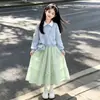 Conjunto Infantil Primavera Outono 2026 Novo Doce Gola Laço Moletom Manga Longa Saia Fofa Conjunto de Duas Peças