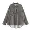Ropa popular europea y americana transfronteriza de AliExpress para mujer: camisa de moño con bolsillos, gris, dulce y fresca, Sudeste Asiático y otras regiones