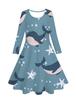 Popular Europeo y Americano Transfronterizo Amazon Estampado Digital 3D Dibujos Animados Ballena Azul y Delfín Vestido Casual de Manga Larga para Niñas