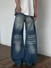 Calça Jeans Curva Lavada com Bigodes Estilo Retro Americano para Homens, Estilo High Street, Calça Flare Solta de Perna Larga Cleanfit para o Verão