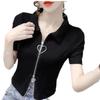 Camiseta feminina de manga curta cor sólida verão novo design com zíper senso nicho ajuste fino estilo ocidental all-match curto top ins moda