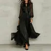 Moda europea y americana para mujer 2026, estilo popular transfronterizo, color liso, moderno, de malla, de encaje, con mangas abullonadas, vestido largo