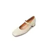 Sapatos femininos pequenos e delicados, elegantes, de bico quadrado, salto médio, salto grosso, com enfeite de pérolas, tira única, feitos inteiramente de couro por dentro e por fora, Mary Janes de primavera