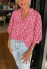 Camisa estampada de cuello en V estilo nuevo europeo y americano Primavera/Verano 2026 para mujer, Top holgado estilo retro de manga tres cuartos, Moda femenina transfronteriza