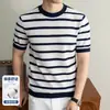 Camiseta de Manga Corta para Hombre de Algodón 100% Puro, Tejida, Cuello Redondo, Refrescante, Rayas de Alta Calidad, Casual de Verano para Hombres de Mediana Edad, Top de Media Manga