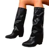 Botas de moda de tacón alto plisadas transfronterizas 2025 otoño nuevo estilo tacón grueso talla grande estilo británico caña alta botas para mujer deseo
