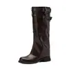 Botas de Punta Cuadrada 2026, Botas de Motocicleta Negras, Nuevo Estilo de Moda, Tacón Grueso Fruncido, Botas Largas con Hebilla de Cinturón para Mujer