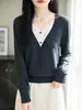 Cárdigan de punto sintético de lana pura, diseño de dos piezas, cuello en V, chaqueta de punto vintage en capas, suéter versátil y elegante, prenda de abrigo casual