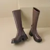 Novas Botas de Couro Femininas Casuais Redondas Europeias e Americanas com Zíper Lateral Botas de Cavaleiro Botas da Moda Sapatos Femininos de Salto Alto Grosso Botas de Comércio Exterior