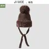 Chapéu de Tricô Espesso com Forro de Lã, Estilo Novo de Inverno, com Gola de Pelo e Cordão, Adequado para Circunferência de Cabeça Grande, Chapéu de Lã Versátil e Quente para Uso Externo Feminino