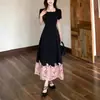 Vestido elegante de encaje patchwork talla grande para mujer, vestido largo de verano francés con cuello cuadrado, fruncido en la cintura, adelgazante, para tallas grandes