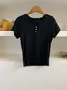 Camiseta feminina de manga curta com botões e decote em V, camiseta slim fit de verão, macia e elástica, modeladora e casual