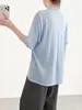 Camisa de Tricô Azul Claro de Linho com Manga Média, Estilo Fino de Verão, Respirável, Levemente Transparente, Simples, Versátil, Solta, Estilo Preguiçoso, Manga Curta
