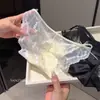 Calcinhas de renda sexy estilo francês transparentes de malha para mulheres, calcinhas respiráveis com laço e alça fina para mulheres
