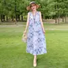 Vestido de algodón y seda floral, estilo joven nuevo, estilo vacacional en la playa, vestido tipo tank sin mangas, vestido largo de temperamento bohemio
