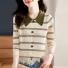 Suéter de Punto con Parches de Encaje a Rayas Rojas Ankora Nuevo Primavera y Otoño para Mujer, Top de Cuello Polo para Capas de Otoño