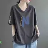 Camiseta de Manga Curta para Mulheres para Comércio Exterior Transfronteiriço, Gola V, Novo Estilo de Verão, Tamanho Grande, Caimento Solto, Estampa Única, Top Versátil, Camiseta Estilo Ins