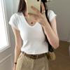 Foto Real Blusa de Manga Curta com Decote em V nos Ombros Feminina Verão 2024 Nova Slim-Fit Emagrecedora Nicho Chique Top Curto 67780