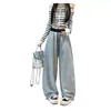 Pantalones de chándal de otoño para mujer, estilo americano, bloques de color, cintura elástica, patchwork, con remaches, dobladillo curvo, cintura alta, cordón y diseño casual de pierna ancha