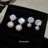 Pendientes de Flor de Zircón y Perla de Aguja de Plata, Pendientes Retro, Elegantes, Modernos y Versátiles, Pendientes de Lujo Ligero y de Alta Gama para Mujer