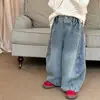 Jeans de pierna ancha para niños estilo coreano de primavera y otoño, ropa para niños y niñas, jeans casuales holgados de retazos de moda estilo coreano