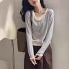Tricô Falso Duas Peças Listrado em Cores Contrastantes para Mulheres no Outono e Inverno Tamanho Plus Size Gordinha Camisa de Manga Longa Camisa Base Top Interno com Cordão