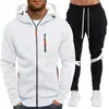 Novo Conjunto de Moletom Esportivo Casual Masculino 2024 Cor Sólida com 4 Zíperes Cardigã de Lã com Capuz Conjunto Masculino de 2 Peças