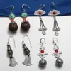Aretes de Plata de Ley con Ónice Rojo del Sur, Jaspe, Jade, Abanico, Carácter Feliz, Cuentas de Madera, Estilo Étnico Antiguo Retro