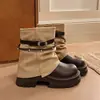Botas Femininas Curtas 2026 Novas Botas de Outono Marrom Maillard Botas com Salto Bloco Botas para Calça com Salto Aumentado Botas Western