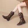 Botas Slouch de Salto Baixo Plissadas para Mulheres, Novo Estilo Outono e Inverno 2026, Botas Martin Stretch de Salto Grosso, Botas Slim de Cano Médio