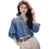 Moda Feminina Nova Primavera 2026 Estilo Hong Kong Retrô Camisa Azul Estampada Top Elegante de Alta Qualidade Blusa Única e Bonita