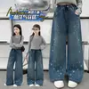 Jeans para niñas, colección otoño 2026, estilo nuevo, pantalones rectos con estampado de estrellas para niños, cintura elástica, pantalones largos holgados para niñas