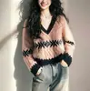 Tricô Francês Gola V Color Block Manga Longa para Mulheres no Outono e Inverno, Design Solto e Preguiçoso, Top de Tricô Macio e Ceroso de Nicho