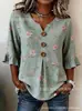 Nueva camiseta estampada de cuello en V con volantes y botones transfronteriza para mujer, elegante camisa casual para ir al trabajo en verano