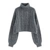Suéter Tricô Retro Francês Feminino Cinza Gola Alta Curto Torcido Solto Emagrecedor Top Suéter Engrossado para Outono e Inverno