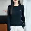 Suéter de Punto de Algodón Puro con Cuello Redondo de Manga Larga Bordado Retorcido de Cordero para Mujer, Camisa Base Suelta