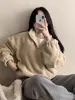 Moletom de lã com zíper frontal, gola alta macia e felpuda, mangas compridas, estilo Dongdaemun coreano, para mulheres, jaqueta hoodie casual solta, moderna