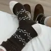 Meias de lã coreanas quentes estilo Fair Isle com listras e forro de fleece para mulheres, comprimento até a panturrilha, com estampas de bolinhas