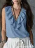 2026 Verano Europeo y Americano Transfronterizo Amazon Nuevo Estilo Oreja de Madera Cuello en V Sin Mangas Camisa Elegante Color Sólido Moda Top