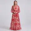Vestido Floral Retro Vermelho e Branco Feminino Manga Longa Bufante Cinto na Cintura Barra Larga Saia Longa Em Estoque Atacado