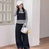 Conjunto de dos piezas a rayas estilo coreano para niñas, para primavera y otoño, con pantalones de pierna ancha, ropa casual de moda de otoño para niñas mayores