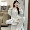 Conjunto de Roupa de Casa Feminina para Primavera e Outono, Novo Estilo Versão Coreana Estilo Princesa com Renda, Bolinhas, Manga Longa e Algodão Nuvem com Bojos