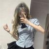 Traje de Uniforme JK Estilo Universitario Japonés para Mujer, Camisa de Manga Corta con Manga Abullonada y Cintura Ajustada, Falda de Pastel Abullonada de Cintura Alta