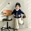 Ropa para niñas Aekyung, lindo conjunto de punto con conejito de lunares, chaqueta suéter con volantes y pantalones de pierna ancha conjunto de dos piezas