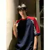 Camiseta Deportiva de Algodón Puro de Manga Corta para Hombre, Estilo Americano, Bloques de Color con Tres Rayas, para Verano, Juventud, Cuello Redondo, Diseño Holgado y Relajado