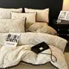 Conjunto de Roupa de Cama de Leite Felpudo Esculpido Espesso Conjunto de Quatro Peças Mais Veludo Flanela de Coral Lençol Lençol de Elástico Capa de Edredom Roupa de Cama 4