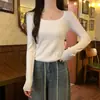 Suéter Tricot Básico Quadrado de Manga Longa com Barra Dobrada 2025 para Mulheres, Camisa Base Versátil para Outono, Slimming