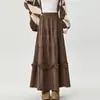 Foto Real de Falda de Terciopelo Patchwork con Bordes Fruncidos para Mujer, Nueva Falda de Cintura Alta Adelgazante de Longitud Media Corte A para Otoño e Invierno 2024